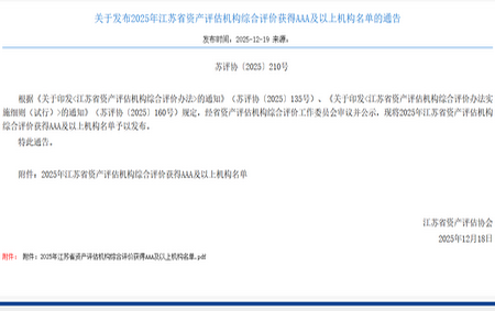 關于發(fā)布2025年江蘇省資產(chǎn)評估機構綜合評價獲得AAA及以上機構名單的通告